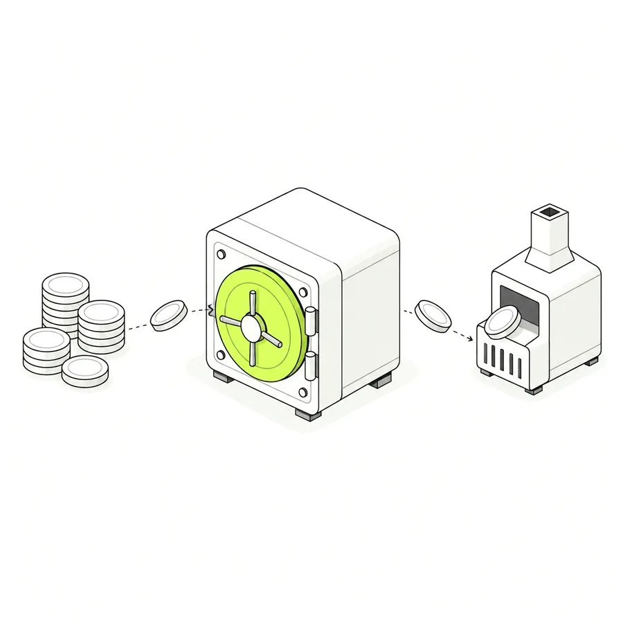 Fees flow into a locked vault, then into a burner